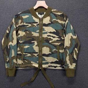 J Crew Bomber Jacket Womens M Camo Knit Full Zip Drawstring Hem Olive Wool Blend